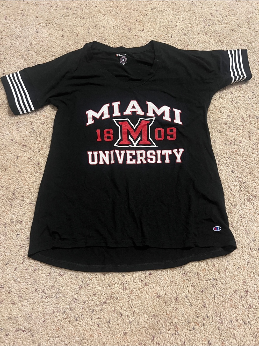 Champion Black Miami University Red Logo V‑Neck Tee